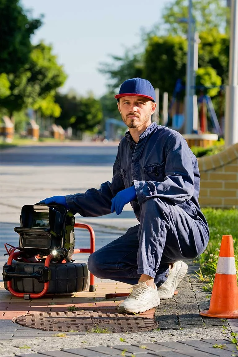 A man in a blue jumpsuit and cap kneels by a manhole on a sidewalk, operating inspection equipment. An orange safety cone is nearby, and he is wearing blue gloves. Trees and playground equipment are in the background.